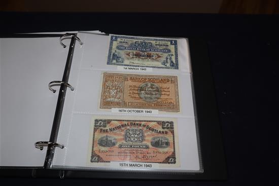 An album of Scottish and England Banknotes including, White £5 note 16th Jan 1943, North of Scotland Bank Ltd £20, 1st July 1943 etc